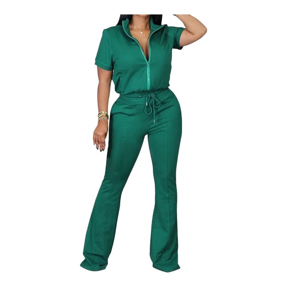 RIVIR One Time Short Sleeve Flare Leg Pants Set - Forest Green Size Small‎